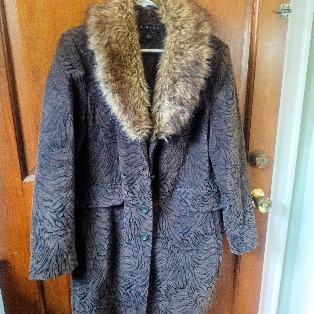 Gorgeous Giacca Penny Lane Olive Jacquard Faux Fur Trim Coat L